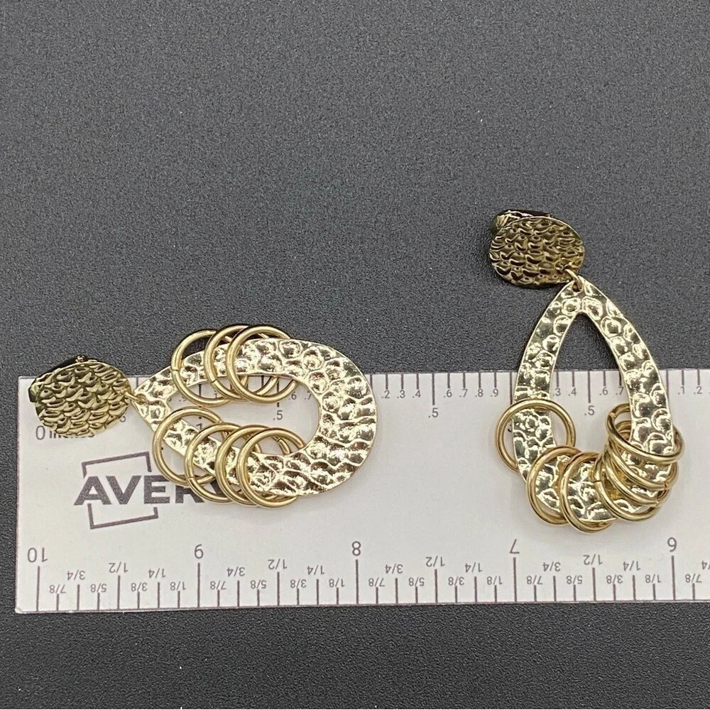 Vintage 80s Hammered Gold Tone Dangly Hoop Earrings - Clip oN - Picture 7 of 11